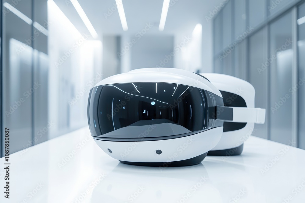 Poster virtual reality technology, modern vr headsets on a white table in a futuristic high-tech lab settin