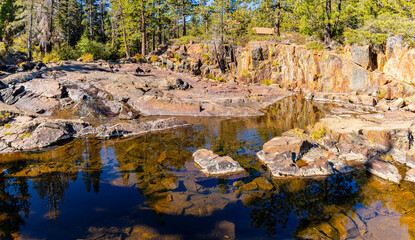 Reflection on Small Pools at Glen Alpine Falls, South Lake Tahoe, California, USA