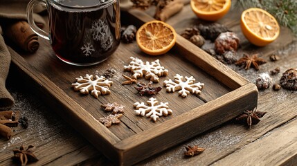 Mulled wine on a rustic wooden tray, with snowflake-shaped cookies and dried citrus slices scattered around