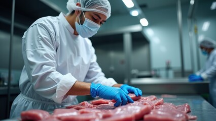 In a clean kitchen facility, a worker wearing protective gear skillfully prepares fresh meat on a workstation, ensuring hygiene and safety during the process