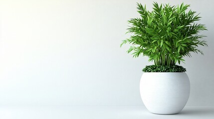 A decorative potted plant in a modern white pot against a light background.