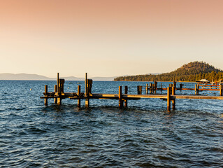 Wooden Docks On Lake Tahoe at Lakeside Beach, South Lake Tahoe, California, USA