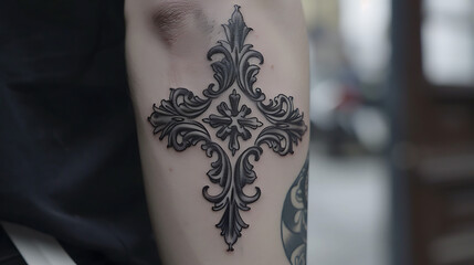 Obraz premium a detailed black tattoo of a decorative cross on the inner arm. The design is ornate, with intricate patterns and flourishes that add depth and character.