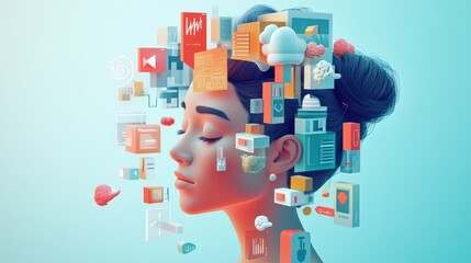 A woman's head with various digital icons floating around it, representing the information overload of the modern world.