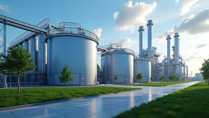 A large industrial facility showcases several silver storage tanks alongside towering smokestacks. The area is landscaped with green grass, creating a clean, open environment