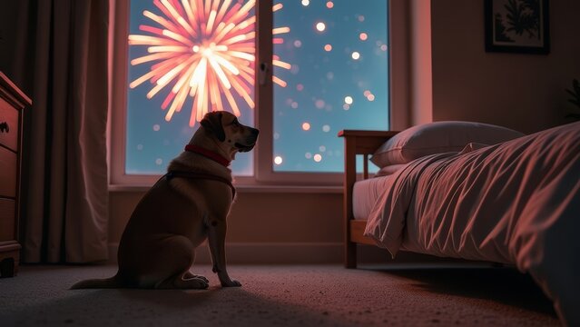 A dog is sitting near the bed, fireworks are visible in the background in the window