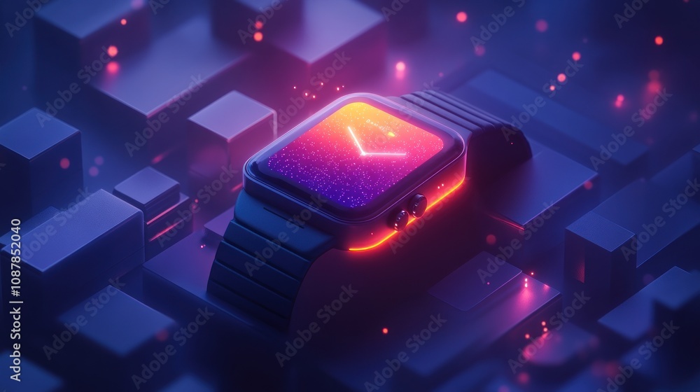 Poster a futuristic smartwatch with a glowing digital display, resting on a surface of abstract geometric s