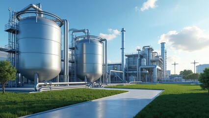 An industrial processing facility features large metallic storage tanks surrounded by neatly maintained grass and walkways, illuminated by daylight