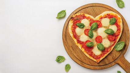 Heart-Shaped Margherita Pizza on a Wood Cutting Board with Basil Leaves on a White Background
