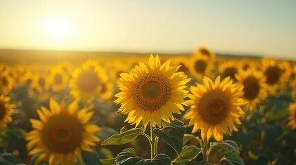 Fototapeta premium A field of sunflowers in full bloom at sunset, with the sun shining brightly in the background.