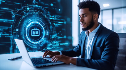 Professional consultant analyzing data with futuristic interface in office setting