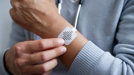 A person is applying a small, adhesive device on their wrist, possibly for health monitoring or medical purposes.