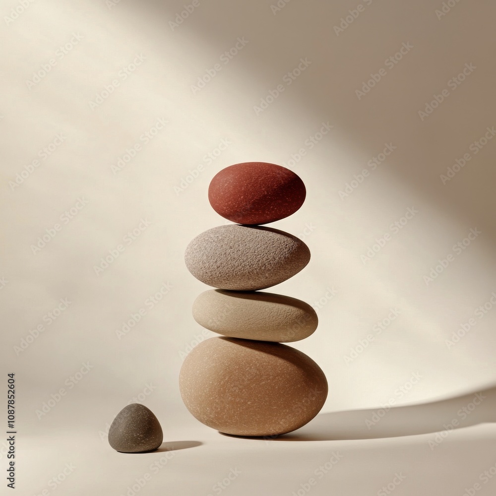 Aufkleber a stack of smooth stones in various colors placed on a soft surface with gentle lighting