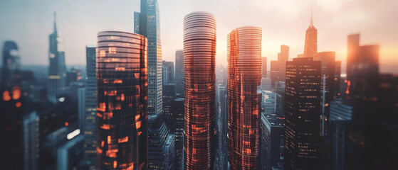 Fototapeta premium Futuristic cityscape with sleek skyscrapers at sunset