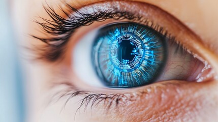 Close up of a futuristic human eye with circuitry at a technology exhibition