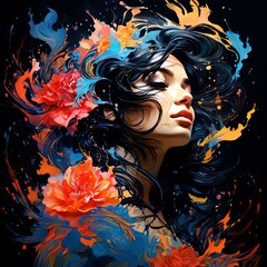 Naklejka premium Stunning portrait of a woman surrounded by vibrant colors and abstract floral elements. Bold reds and blues create an enchanting visual, perfect for artistic projects and modern design applications.