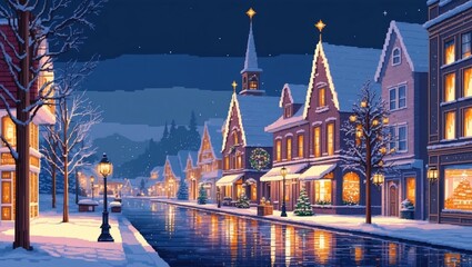 Fototapeta premium Christmas street, winter in the city, pixel art