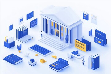 An isometric illustration of a library building surrounded by books, computers, and people.