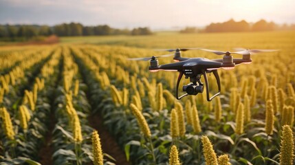 Naklejka premium A drone flies over a field of millet at sunset.
