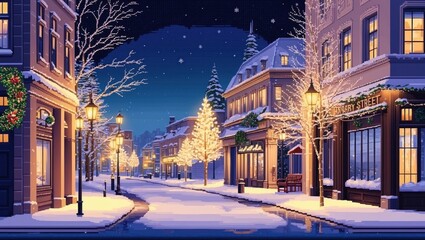 Obraz premium City landscape, winter night, cartoon illustration