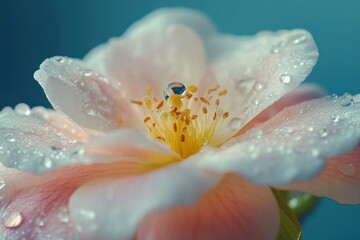 Close-up of a delicate white flower with water droplets on its petals, showcasing a delicate, soft, and fresh look.