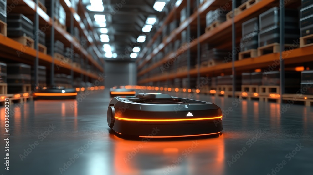 Poster autonomous robots navigate a large warehouse, transporting goods between aisles.