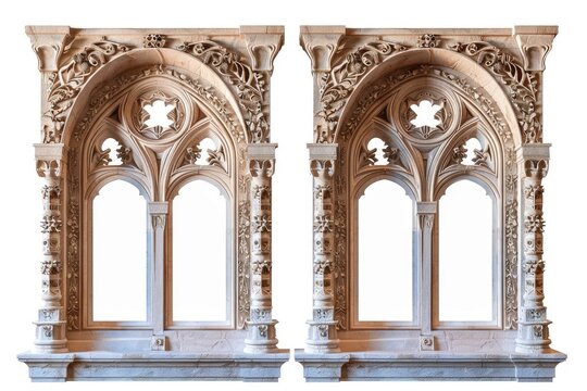 two carved wooden arched windows with intricate designs and carvings. The windows are made of wood graceful arches with antique carved symmetrical patterns and ornaments