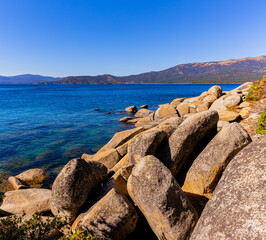 Rocky Shoreline of Artist Point on Lake Tahoe at Memorial Point Lookout, Lake Tahoe, Nevada, USA