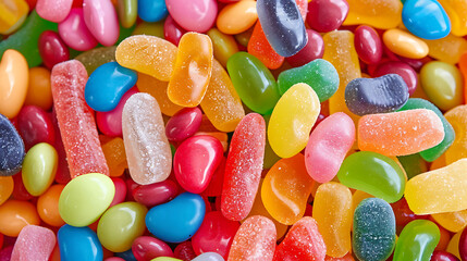 A Pile of Colorful Candy Including Jelly Beans, Gummy Bears, Lollipops, and Chewing Gum, Creating a Sweet, Vibrant Display of Delicious Treats That Evoke Fun and Childhood Nostalgia