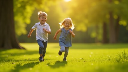 Fototapeta premium Three joyful children run together through a bright and sunny park on a warm afternoon