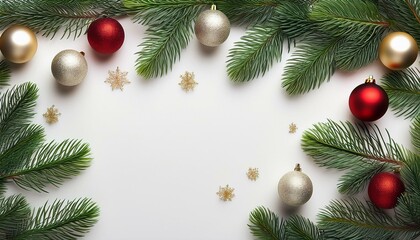 Christmas background with fir branches and balls on white