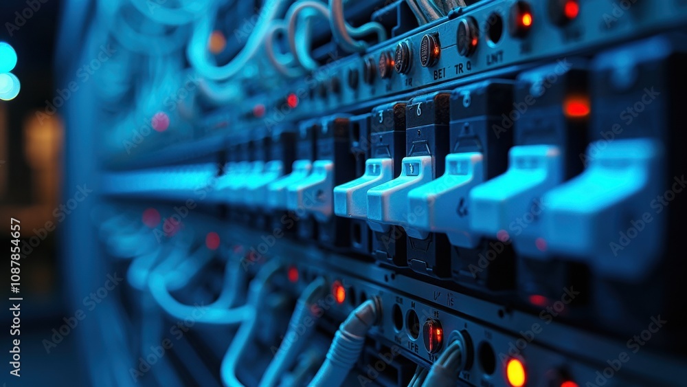 Poster the circuit breakers illuminate softly in a dark environment, showcasing a complex array of wires an