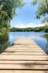 Fototapeta premium Wooden dock extending into calm water surrounded by lush greenery on a sunny day