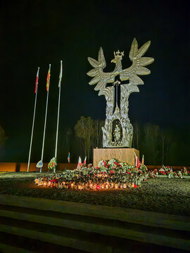 Domostawa, Poland - November 8, 2024: Memorial to the Victims of Genocide in the Eastern Borderlands. Monument dedicated to vitims of Massacres of Poles in Volhynia and Eastern Galicia.