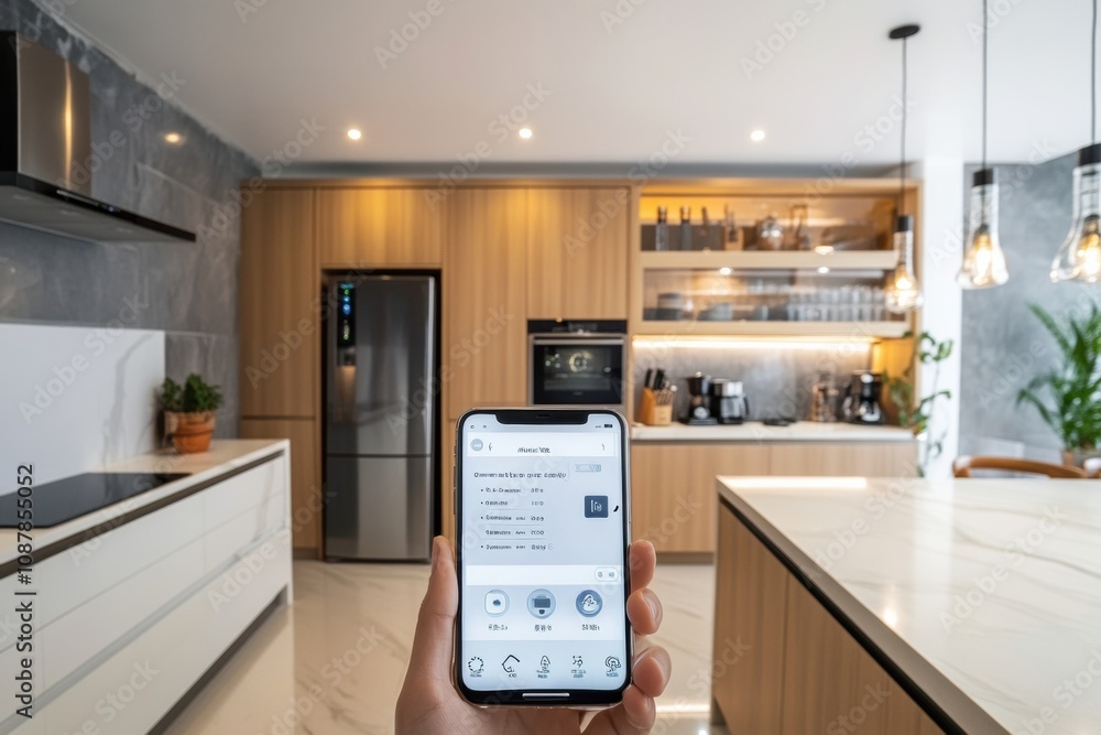 Poster A spacious kitchen features smart appliances, while a hand holds a smartphone displaying controls for an efficient cooking experience. Generative AI