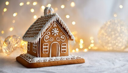 Christmas gingerbread house decoration on white background of defocused golden lights. Hand decorated.