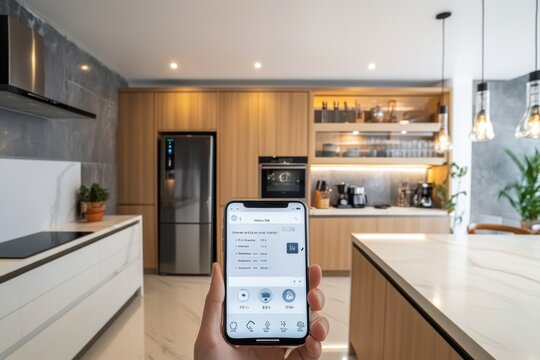 A spacious kitchen features smart appliances, while a hand holds a smartphone displaying controls for an efficient cooking experience. Generative AI