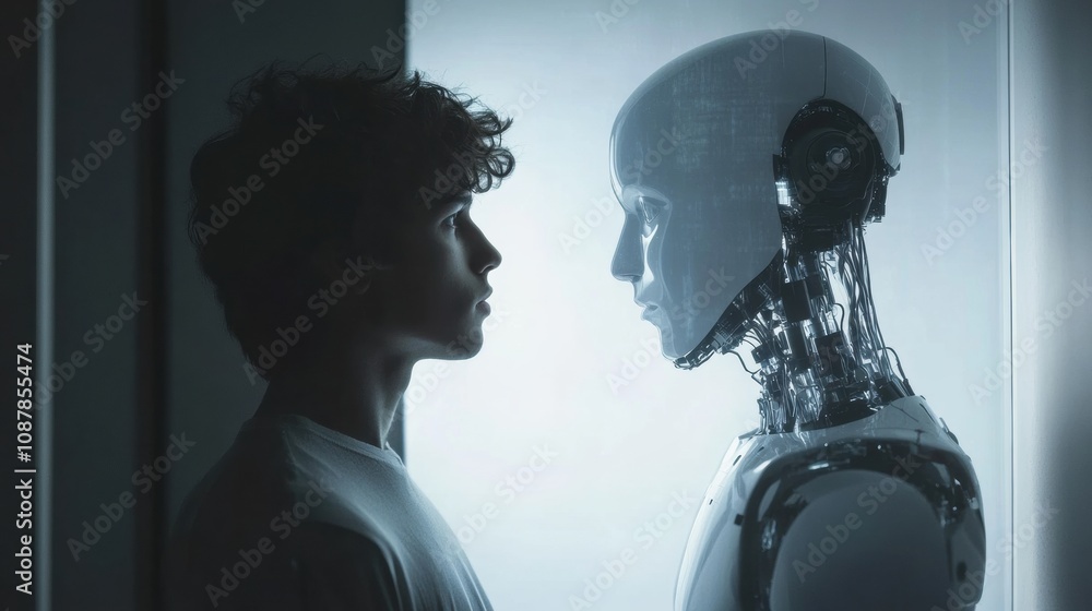 Aufkleber a human stands face to face with a robot, observing their technological reflection in a futuristic e