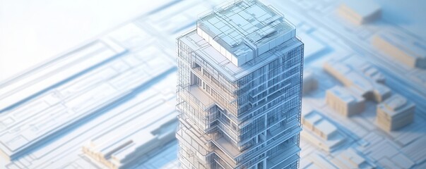 Fototapeta premium A highrise building design model, with architectural layers and structural blueprints