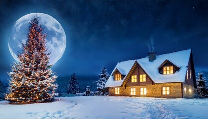 Fototapeta premium christmas night in the village, Christmas tree, a house covered in snow and a full moon in the background