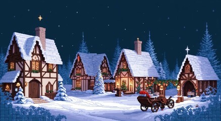 Fototapeta premium Wallpaper pixel art, retro styles christmas cottage in evening winter landscape