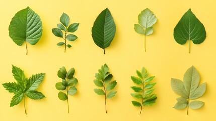 Fototapeta premium A collection of green leaves are arranged in a row on a yellow background