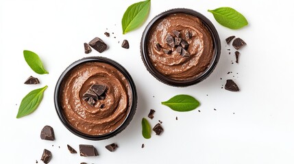 Two bowls of chocolate sauce with chocolate chips on top
