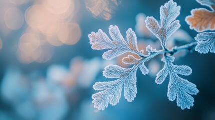 A frozen leaf on a branch with a blue background
