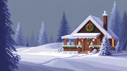 Wallpaper pixel art, retro styles christmas cottage in evening winter landscape
