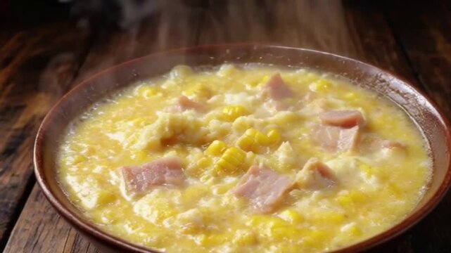 4K Close-Up of Steaming Corn Chowder with Ham, Cheese, and Chives on a Rustic Wooden Table