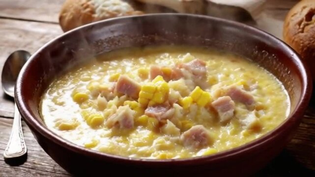 4K Side-Angle Shot of Steaming Bowl of Corn Chowder with Ham and Cheese on Rustic Wooden Table