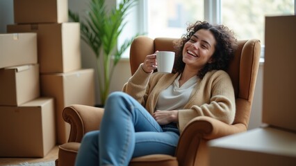 Fototapeta premium A woman enjoys a warm cup of coffee while sitting comfortably in an armchair. Surrounding her are unpacked boxes, indicating a recent move, in a bright living space