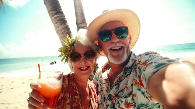 Joyful senior couple taking a selfie on tropical beach, holding cocktails under the palm trees. Idyllic scene retirement bliss, love, and celebration. Video made using Generative AI.