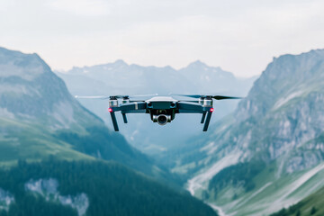 Drone with a camera hovering above a picturesque valley